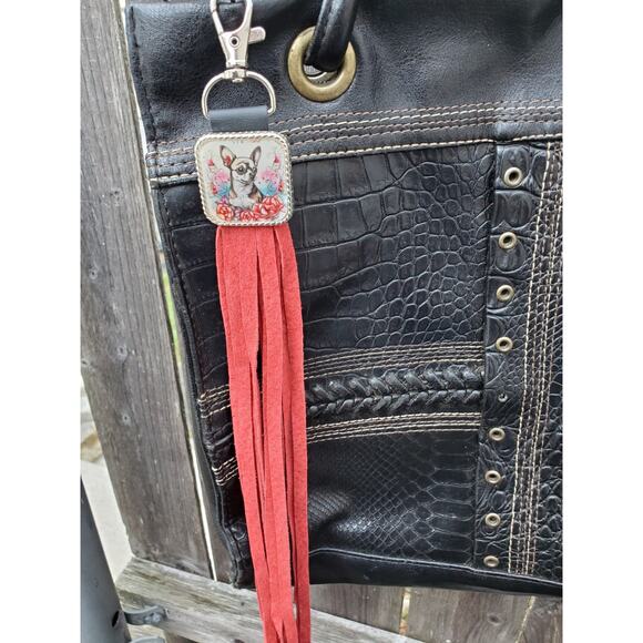 Handmade boho Chihuahua Leather Fringe Western bag charm, Long fringe keychain - Picture 3 of 3